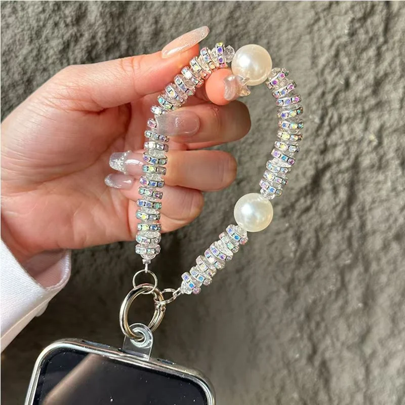 11cm Phone Chain Crystal Rhinestone Pearl Lanyard Phone Strap with Metal Clasp for Mobile Accessories