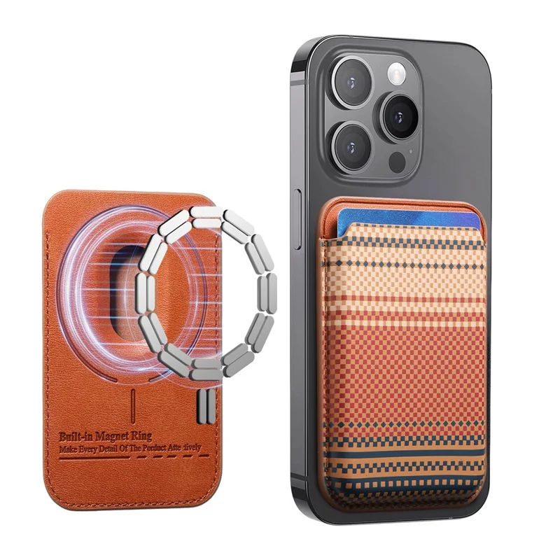 Striped Magnetic Card Holder Wallet PU Leather Slim Portable Card Pocket - Brown