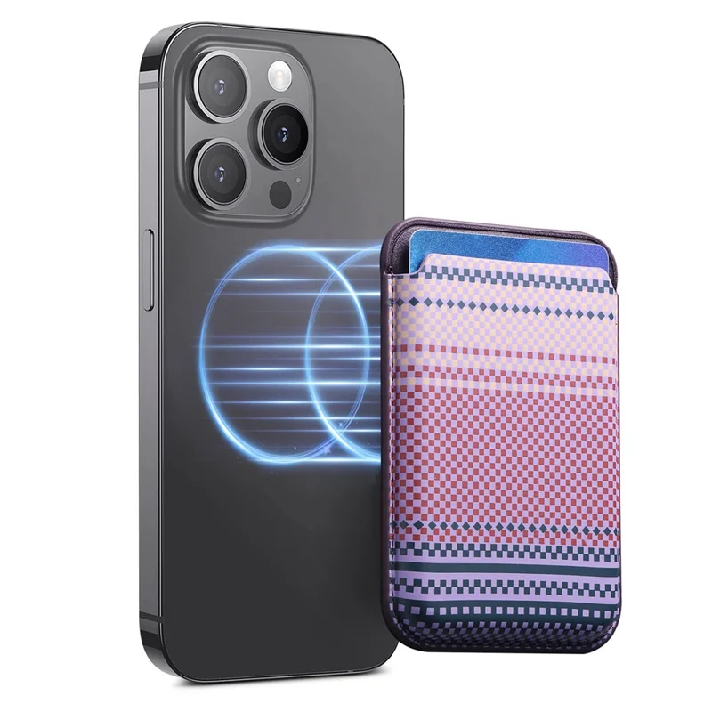 Striped Magnetic Card Holder Wallet PU Leather Slim Portable Card Pocket - Purple