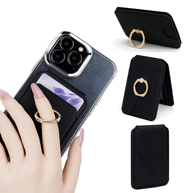 R20 Ring Holder Kickstand Magnetic Card Holder PU Leather Phone Card Slots Wallet - Black