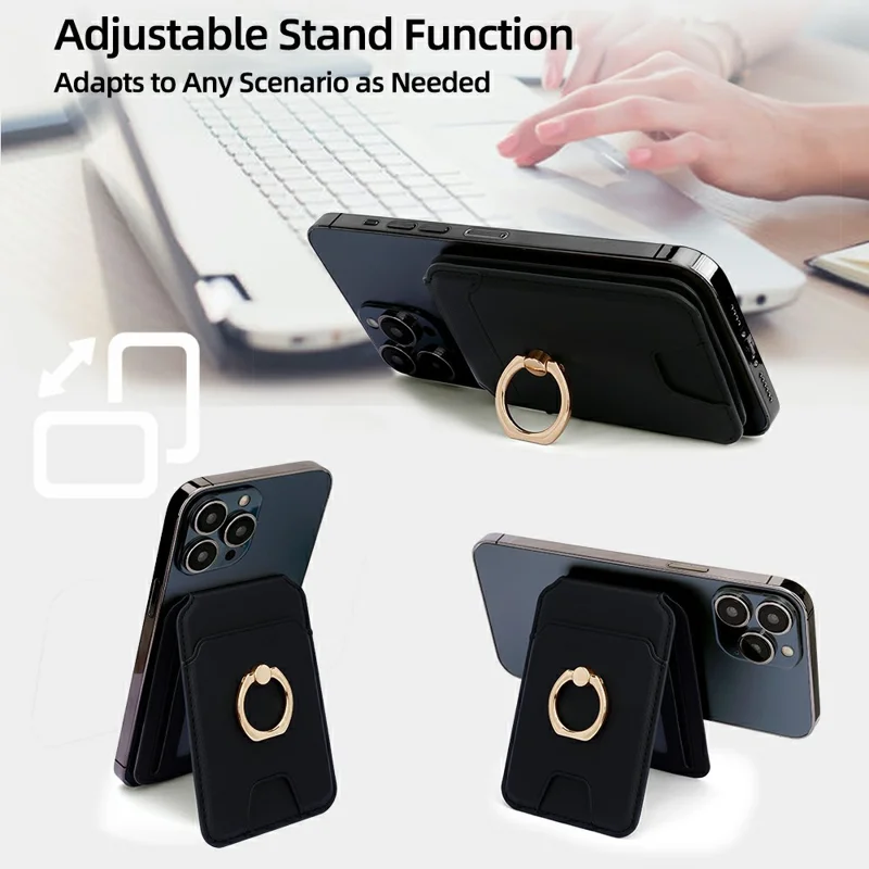 R20 Ring Holder Kickstand Magnetic Card Holder PU Leather Phone Card Slots Wallet - Black