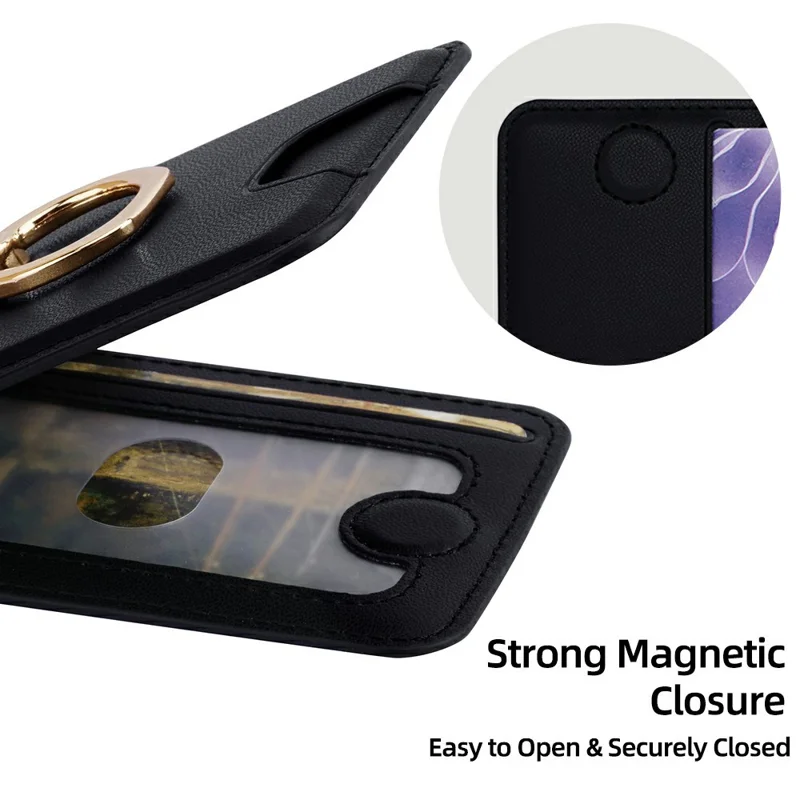 R20 Ring Holder Kickstand Magnetic Card Holder PU Leather Phone Card Slots Wallet - Black