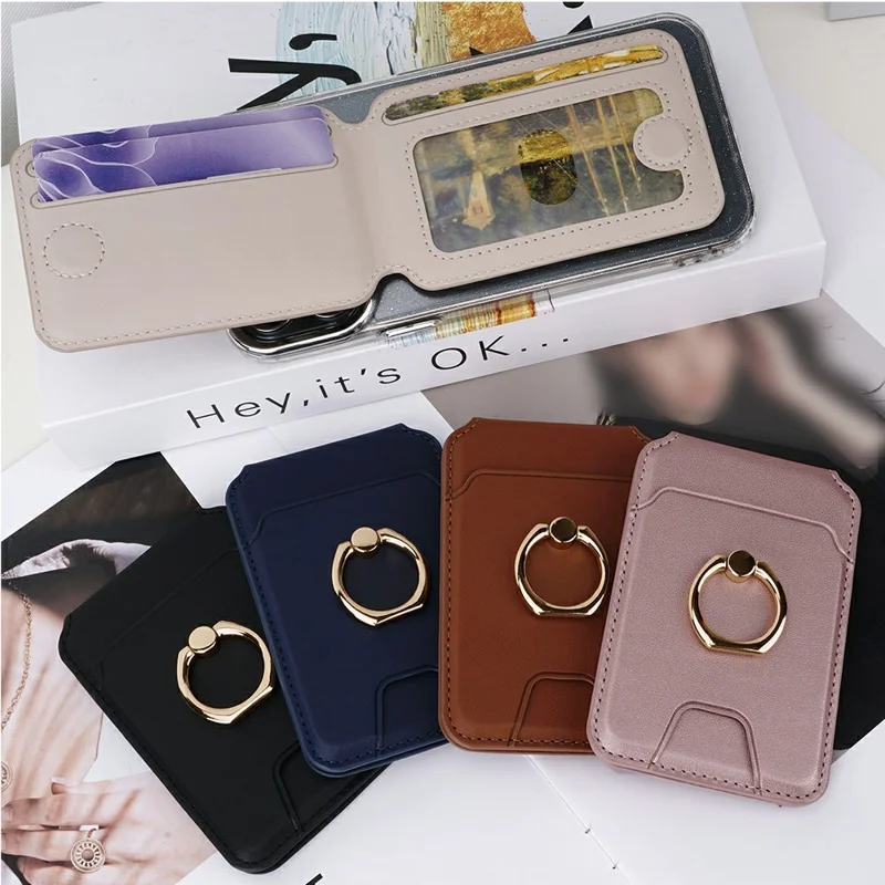R20 Ring Holder Kickstand Magnetic Card Holder PU Leather Phone Card Slots Wallet - Black