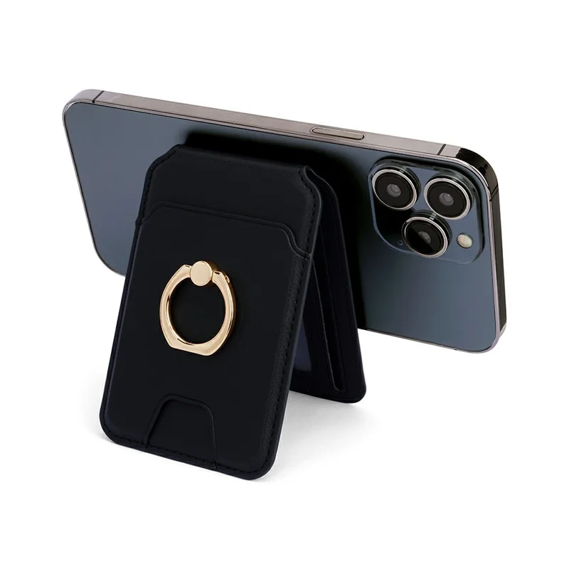 R20 Ring Holder Kickstand Magnetic Card Holder PU Leather Phone Card Slots Wallet - Black