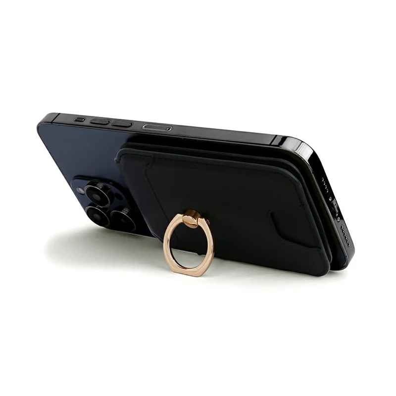 R20 Ring Holder Kickstand Magnetic Card Holder PU Leather Phone Card Slots Wallet - Black