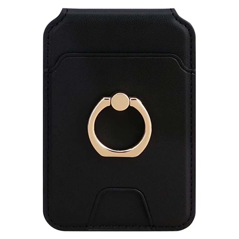 R20 Ring Holder Kickstand Magnetic Card Holder PU Leather Phone Card Slots Wallet - Black