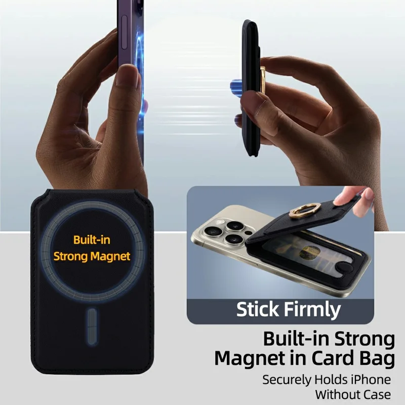 R20 Ring Holder Kickstand Magnetic Card Holder PU Leather Phone Card Slots Wallet - Black