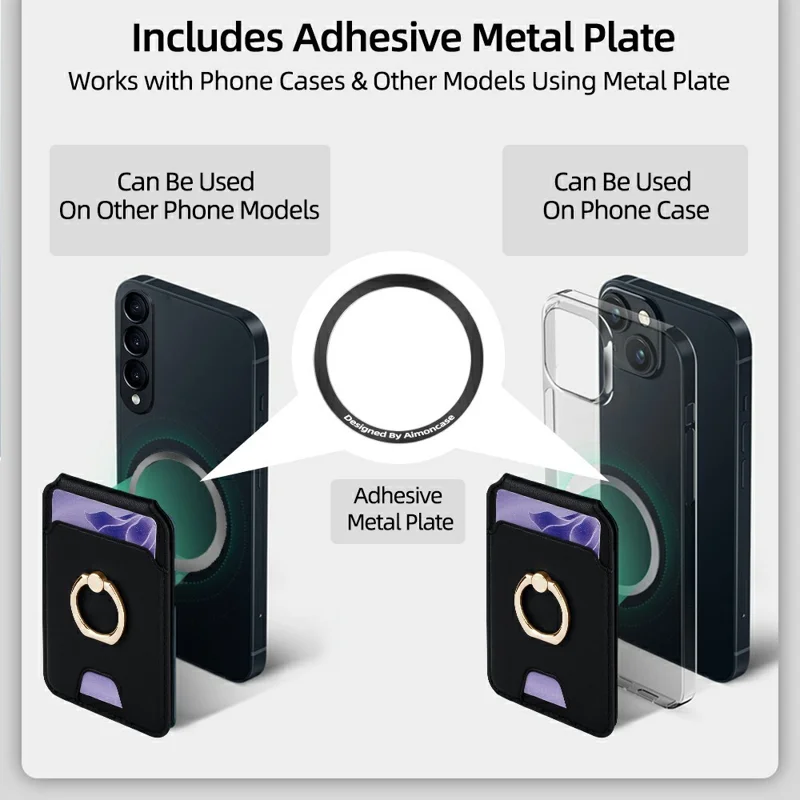 R20 Ring Holder Kickstand Magnetic Card Holder PU Leather Phone Card Slots Wallet - Black