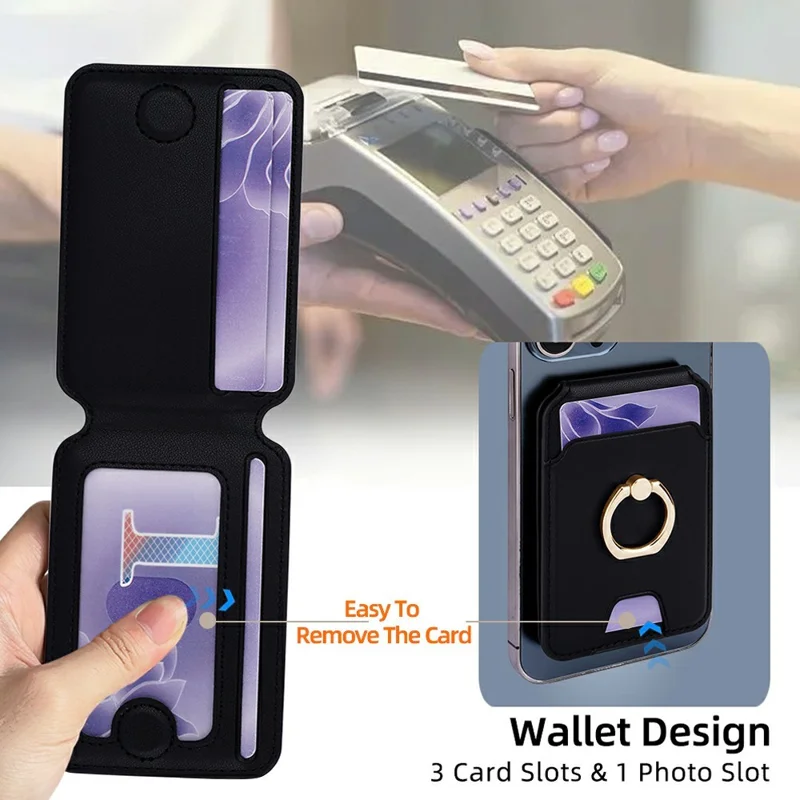 R20 Ring Holder Kickstand Magnetic Card Holder PU Leather Phone Card Slots Wallet - Black