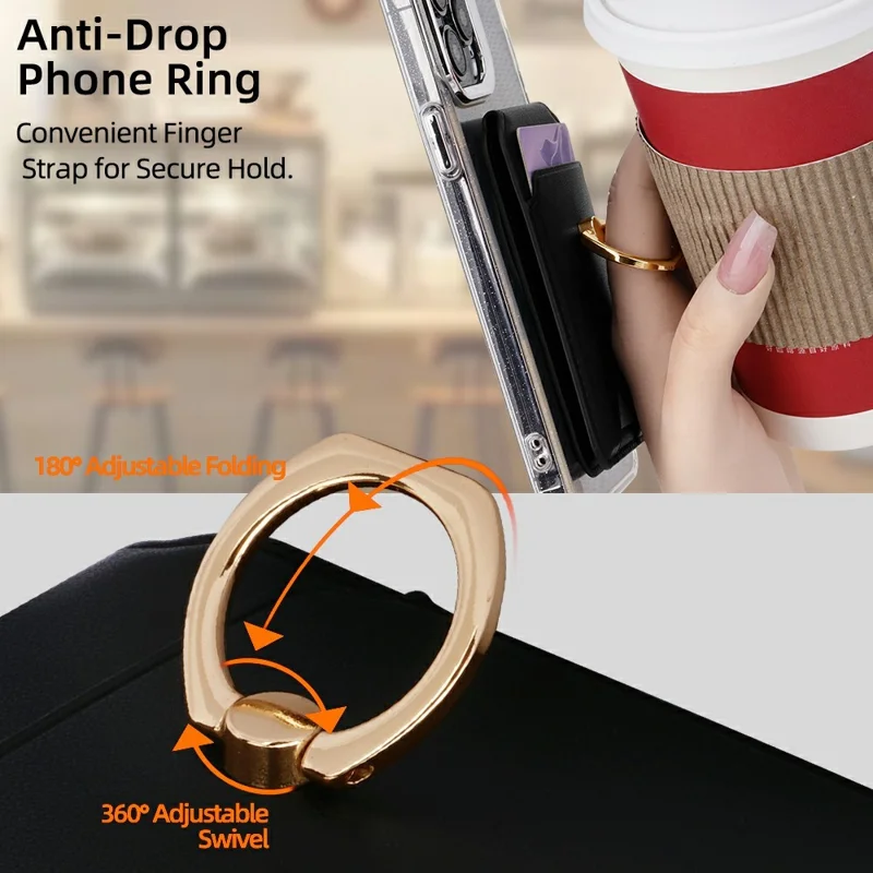 R20 Ring Holder Kickstand Magnetic Card Holder PU Leather Phone Card Slots Wallet - Black