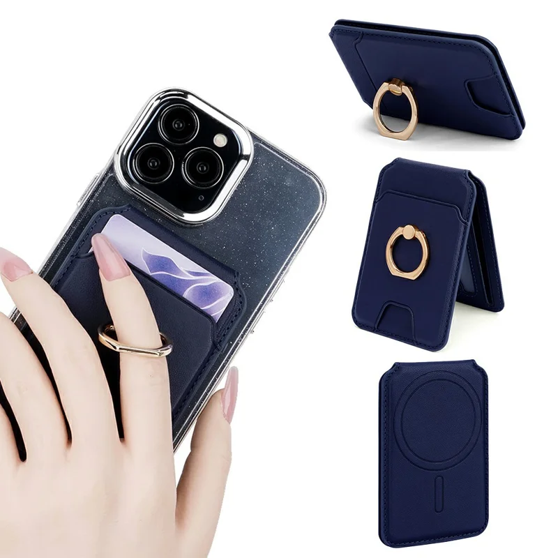 R20 Ring Holder Kickstand Magnetic Card Holder PU Leather Phone Card Slots Wallet - Blue