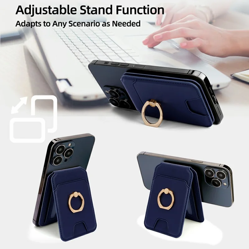 R20 Ring Holder Kickstand Magnetic Card Holder PU Leather Phone Card Slots Wallet - Blue