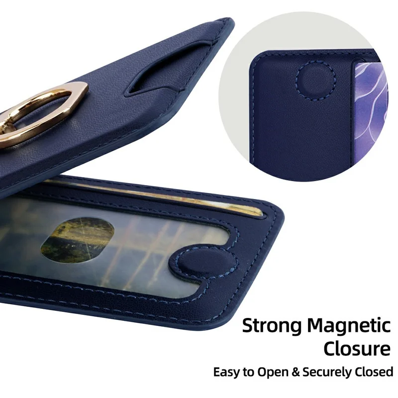 R20 Ring Holder Kickstand Magnetic Card Holder PU Leather Phone Card Slots Wallet - Blue