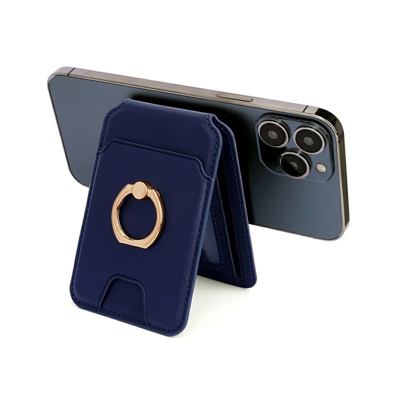 R20 Ring Holder Kickstand Magnetic Card Holder PU Leather Phone Card Slots Wallet - Blue