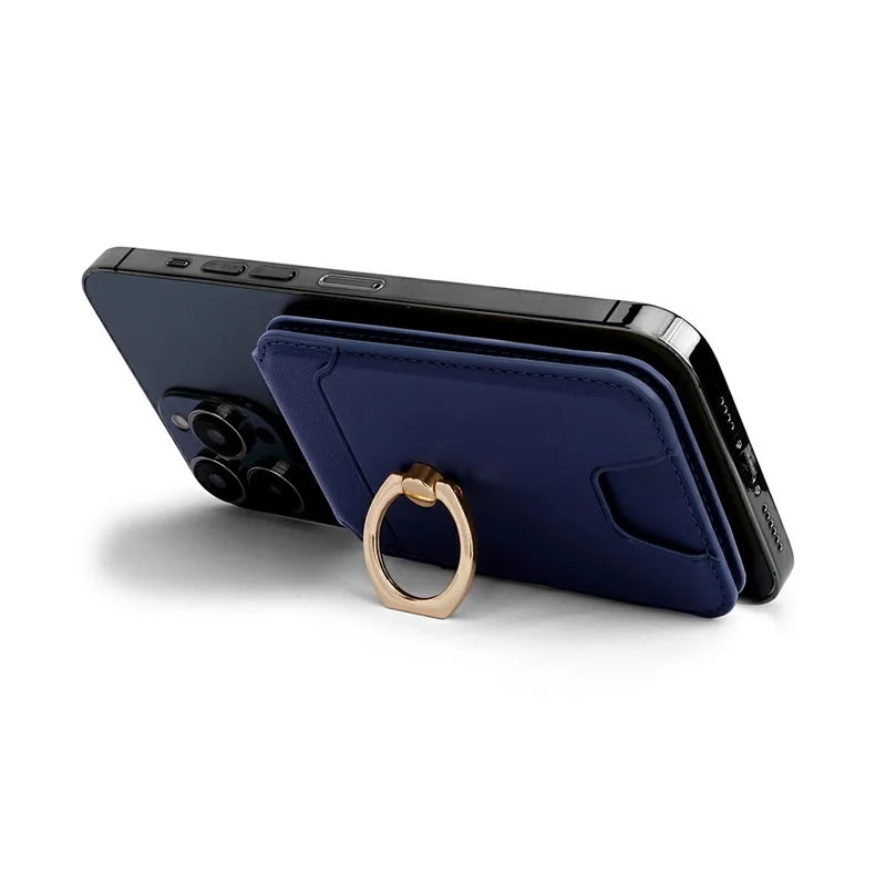 R20 Ring Holder Kickstand Magnetic Card Holder PU Leather Phone Card Slots Wallet - Blue