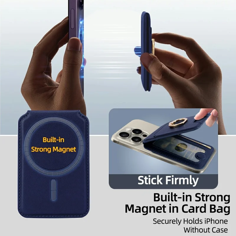 R20 Ring Holder Kickstand Magnetic Card Holder PU Leather Phone Card Slots Wallet - Blue