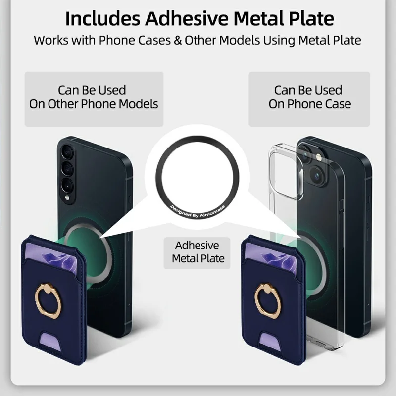 R20 Ring Holder Kickstand Magnetic Card Holder PU Leather Phone Card Slots Wallet - Blue