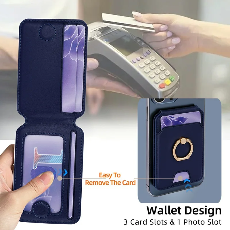 R20 Ring Holder Kickstand Magnetic Card Holder PU Leather Phone Card Slots Wallet - Blue