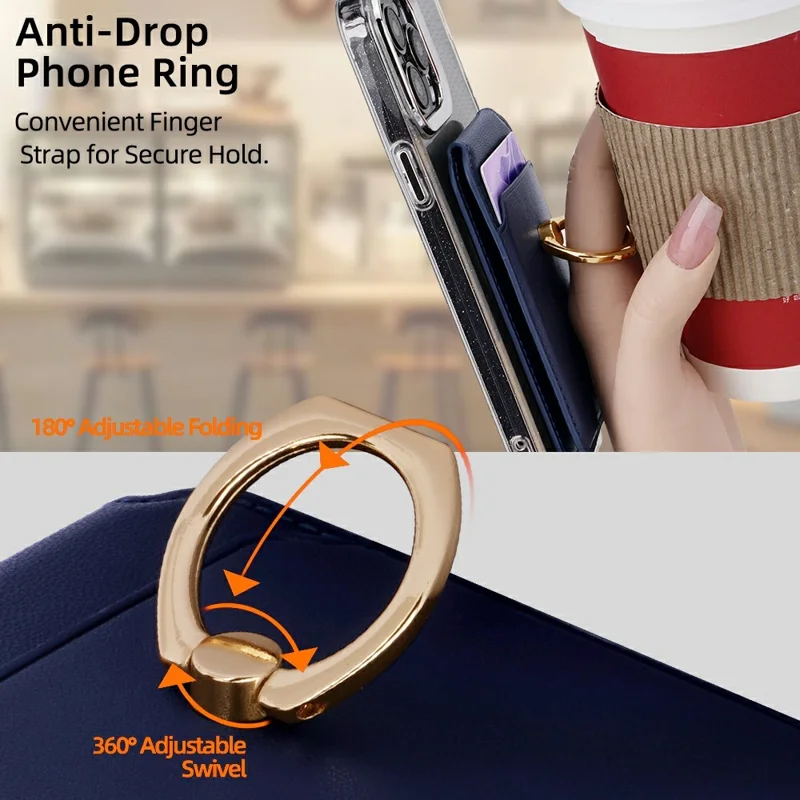 R20 Ring Holder Kickstand Magnetic Card Holder PU Leather Phone Card Slots Wallet - Blue