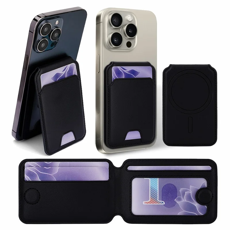 R20 Magnetic Card Holder PU Leather Phone Back Wallet Kickstand with Metal Ring Sheet - Black