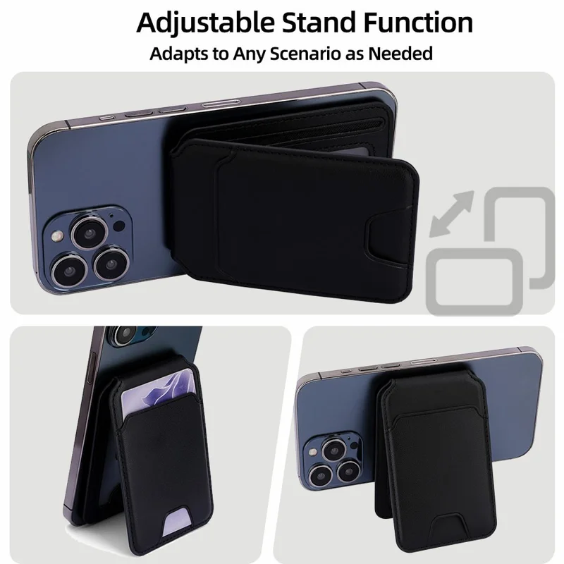 R20 Magnetic Card Holder PU Leather Phone Back Wallet Kickstand with Metal Ring Sheet - Black