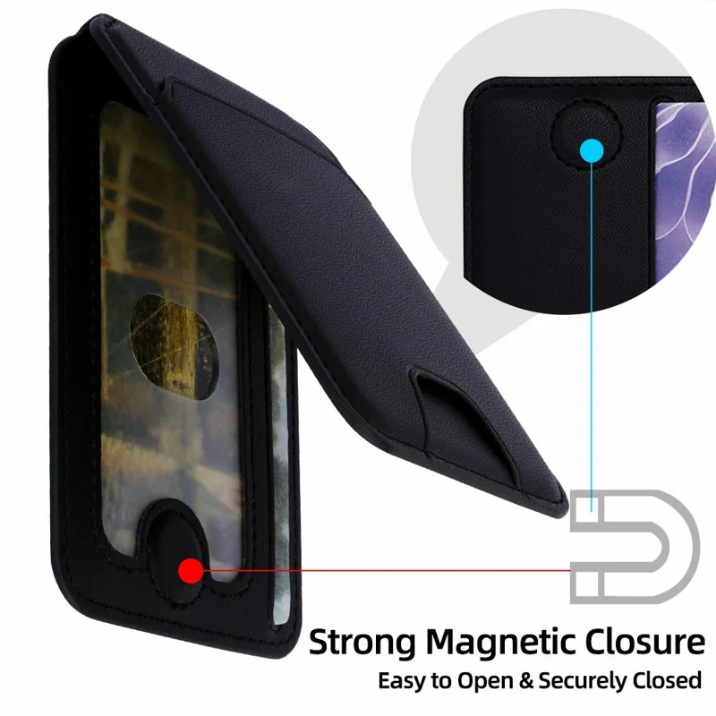 R20 Magnetic Card Holder PU Leather Phone Back Wallet Kickstand with Metal Ring Sheet - Black