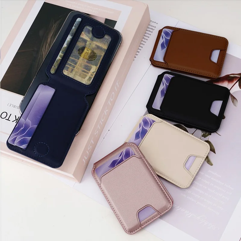 R20 Magnetic Card Holder PU Leather Phone Back Wallet Kickstand with Metal Ring Sheet - Black