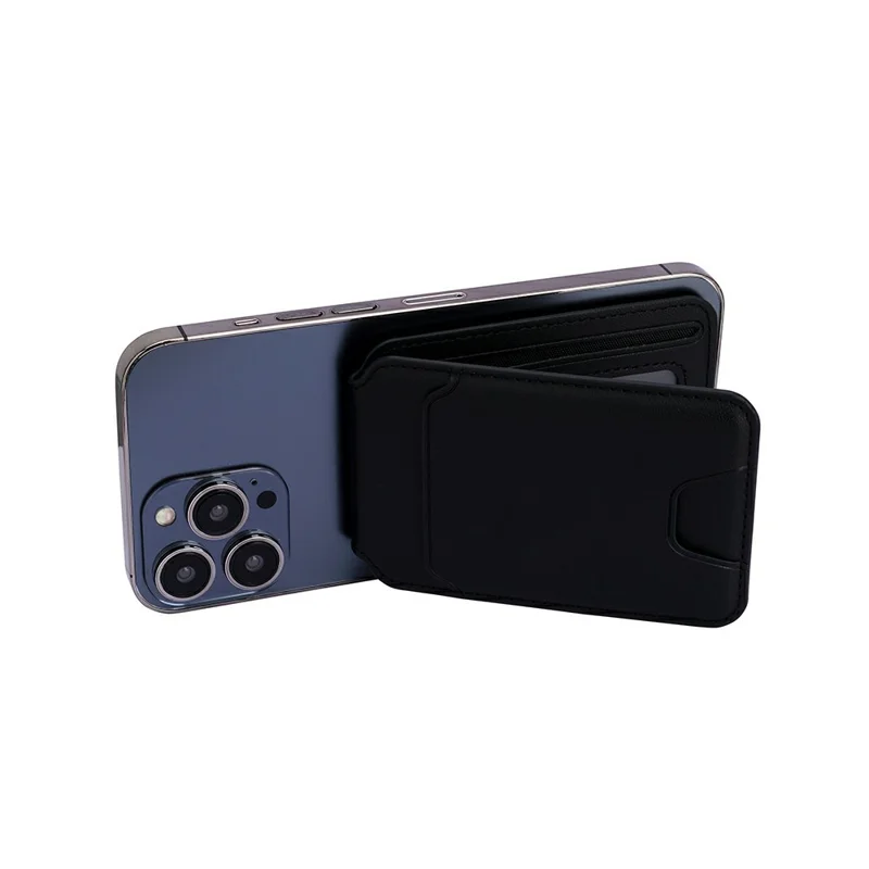 R20 Magnetic Card Holder PU Leather Phone Back Wallet Kickstand with Metal Ring Sheet - Black