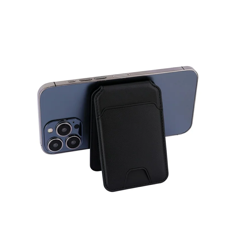 R20 Magnetic Card Holder PU Leather Phone Back Wallet Kickstand with Metal Ring Sheet - Black