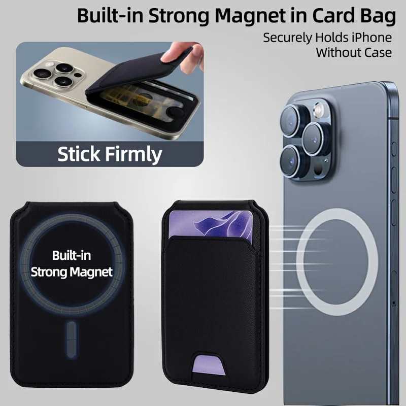 R20 Magnetic Card Holder PU Leather Phone Back Wallet Kickstand with Metal Ring Sheet - Black