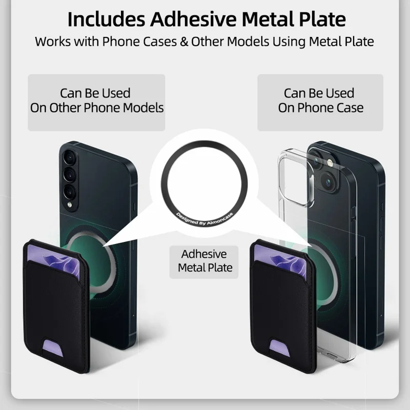 R20 Magnetic Card Holder PU Leather Phone Back Wallet Kickstand with Metal Ring Sheet - Black