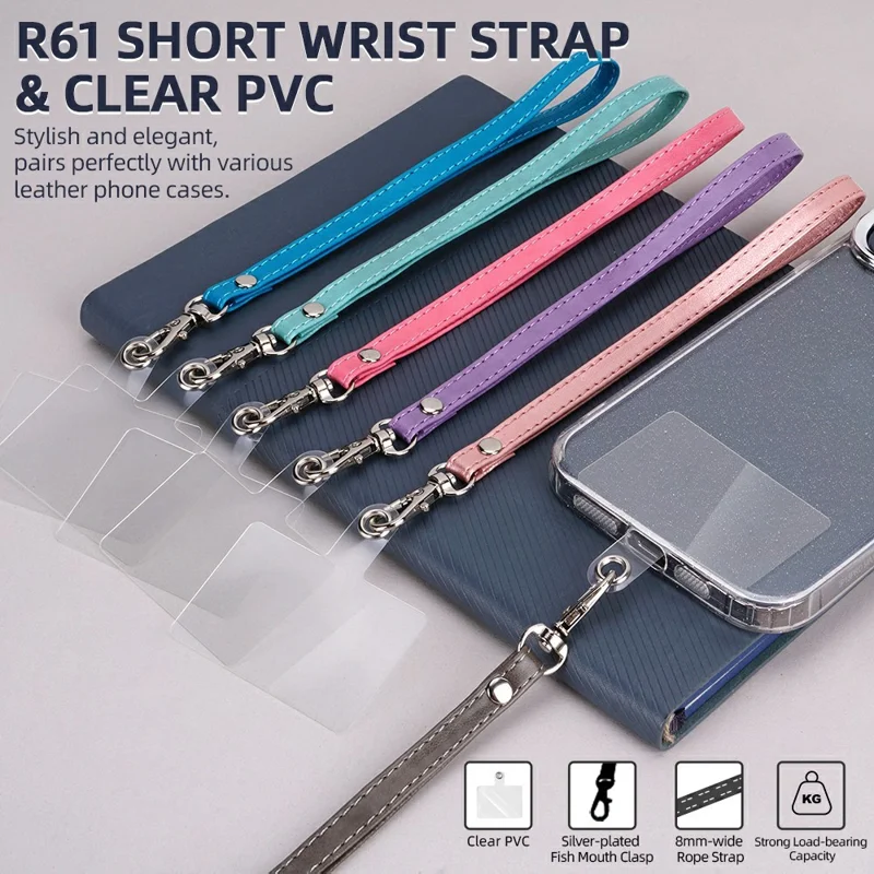 R61 18cm PU Leather Phone Wrist Strap Short Lanyard with Clear PVC Tether Tab - Blue