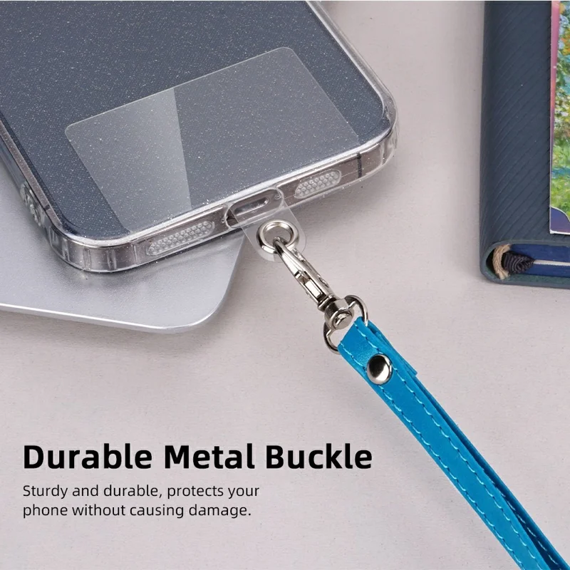 R61 18cm PU Leather Phone Wrist Strap Short Lanyard with Clear PVC Tether Tab - Blue