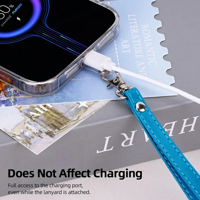 R61 18cm PU Leather Phone Wrist Strap Short Lanyard with Clear PVC Tether Tab - Blue