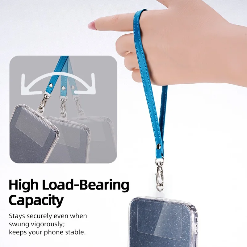 R61 18cm PU Leather Phone Wrist Strap Short Lanyard with Clear PVC Tether Tab - Blue