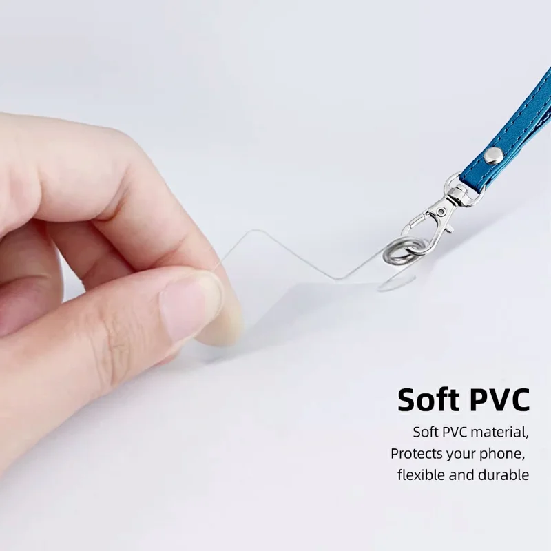 R61 18cm PU Leather Phone Wrist Strap Short Lanyard with Clear PVC Tether Tab - Blue