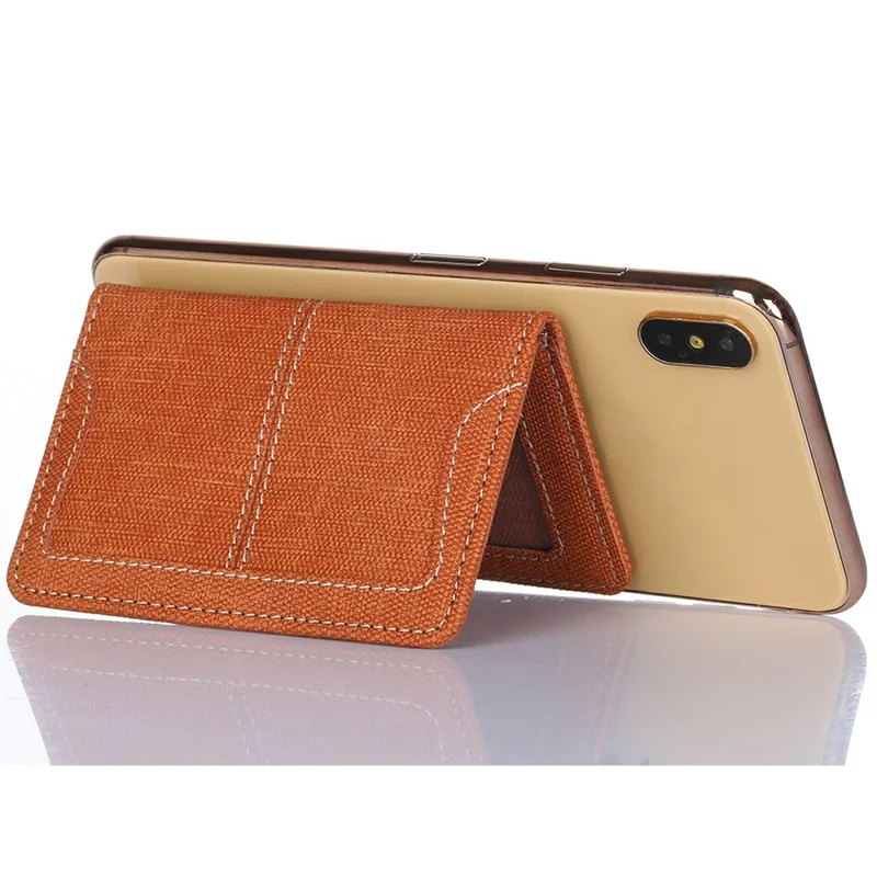 Canvas Card Holder Wallet Pouch Strong Adhesive Phone Kickstand - Brown