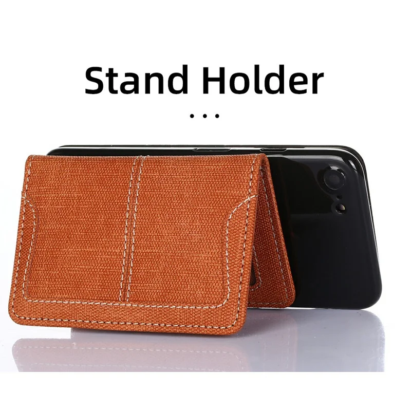 Canvas Card Holder Wallet Pouch Strong Adhesive Phone Kickstand - Brown