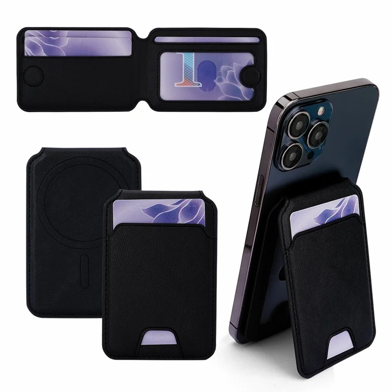 Magnetic Phone Card Wallet 3 Card Slots Photo Holder Adjustable Kickstand with Metal Plate - Black