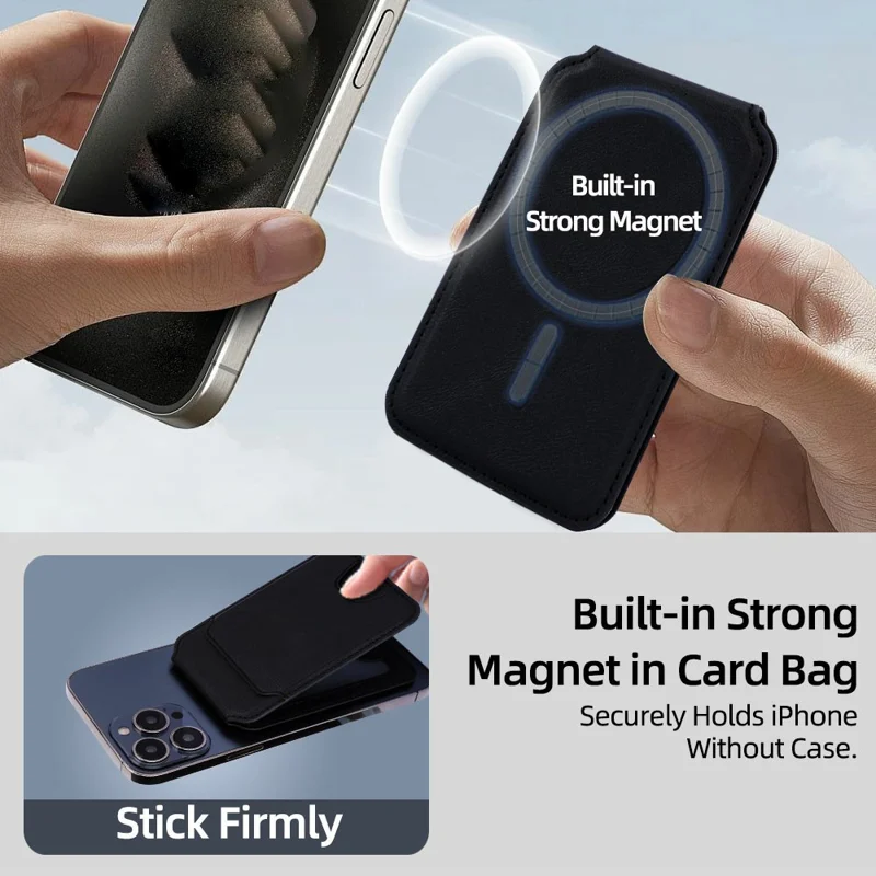 Magnetic Phone Card Wallet 3 Card Slots Photo Holder Adjustable Kickstand with Metal Plate - Black