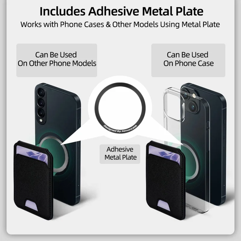Magnetic Phone Card Wallet 3 Card Slots Photo Holder Adjustable Kickstand with Metal Plate - Black