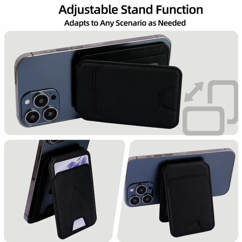 Magnetic Phone Card Wallet 3 Card Slots Photo Holder Adjustable Kickstand with Metal Plate - Black