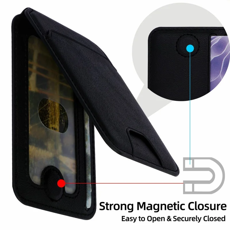 Magnetic Phone Card Wallet 3 Card Slots Photo Holder Adjustable Kickstand with Metal Plate - Black