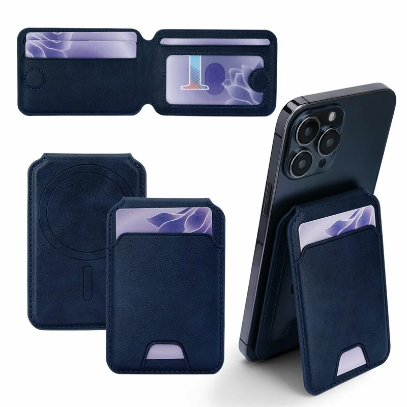 Magnetic Phone Card Wallet 3 Card Slots Photo Holder Adjustable Kickstand with Metal Plate - Blue