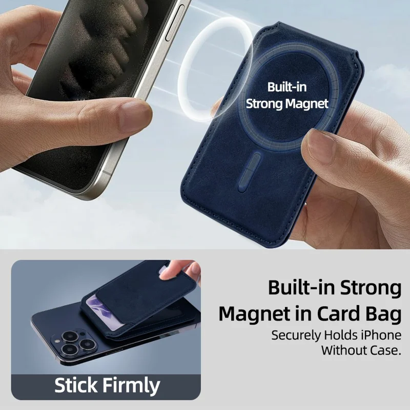 Magnetic Phone Card Wallet 3 Card Slots Photo Holder Adjustable Kickstand with Metal Plate - Blue