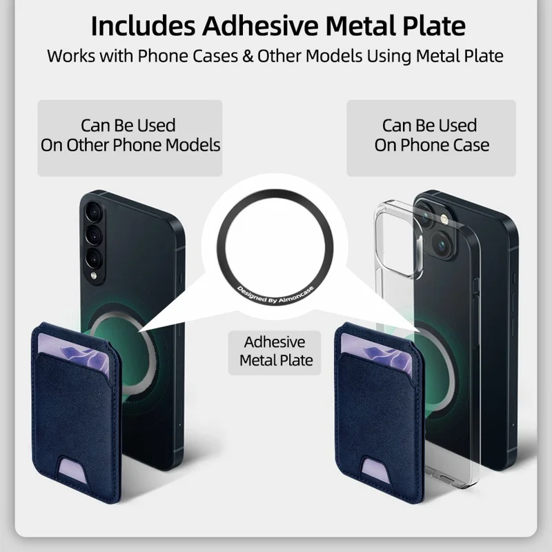 Magnetic Phone Card Wallet 3 Card Slots Photo Holder Adjustable Kickstand with Metal Plate - Blue