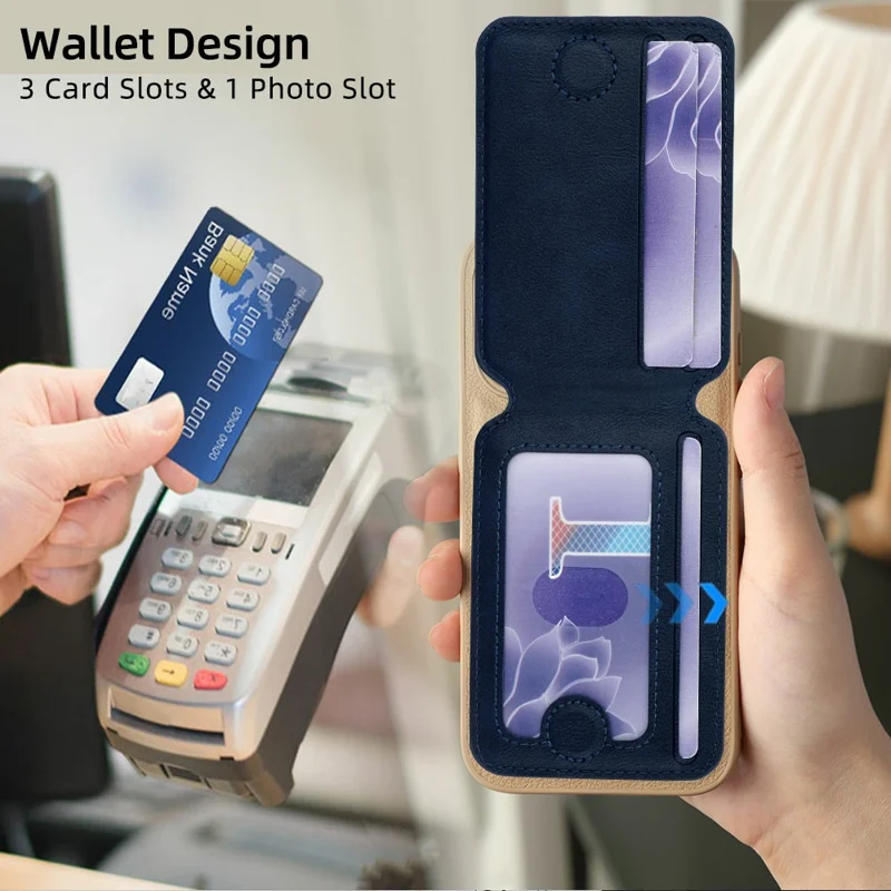 Magnetic Phone Card Wallet 3 Card Slots Photo Holder Adjustable Kickstand with Metal Plate - Blue