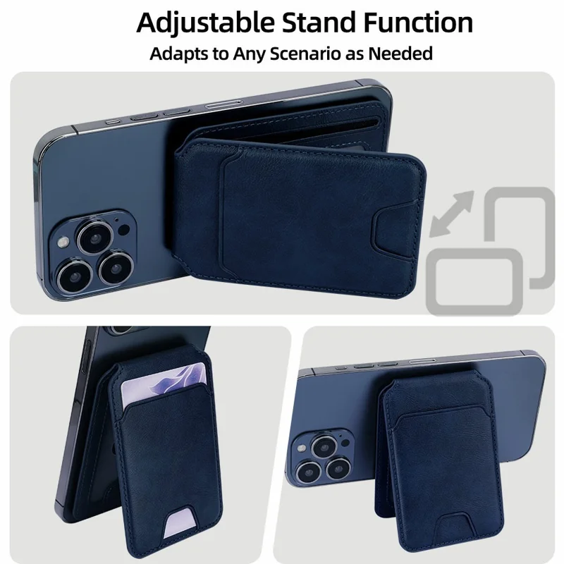 Magnetic Phone Card Wallet 3 Card Slots Photo Holder Adjustable Kickstand with Metal Plate - Blue