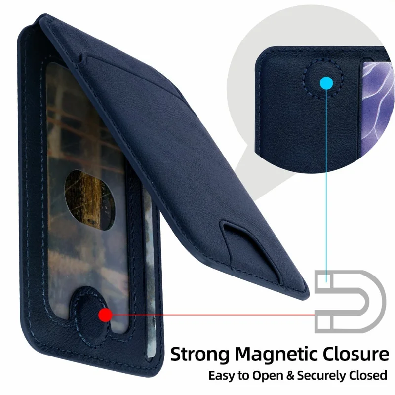 Magnetic Phone Card Wallet 3 Card Slots Photo Holder Adjustable Kickstand with Metal Plate - Blue