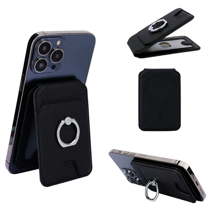 Rotary Phone Ring Holder Kickstand with Card Holder Cowhide Texture Leather Magnetic Card Slots - Black